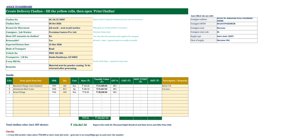 GST Delivery Challan Format in Excel 1.0 – Free Generator with Job Work Tracker Delivery challan entry sheet in Excel with reason for movement, consignee dropdown, items, HSN and total value in words