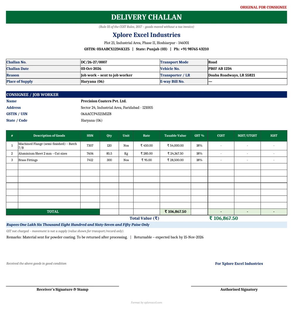 GST Delivery Challan Format in Excel 1.0 – Free Generator with Job Work Tracker Delivery challan format in Excel with GSTIN, HSN, quantity, taxable value, place of supply and signature