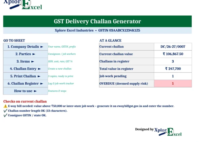 GST Delivery Challan Format in Excel 1.0 – Free Generator with Job Work Tracker GST delivery challan generator Excel dashboard