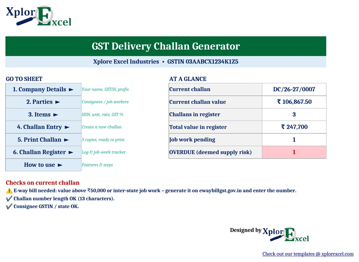 GST Delivery Challan Format in Excel 1.0 – Free Generator with Job Work Tracker GST delivery challan generator Excel template dashboard with e-way bill and job work checks