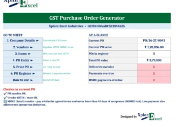 Purchase Order Format in Excel with GST 1.0 – Free PO Generator & MSME Payment Tracker GST purchase order generator Excel dashboard