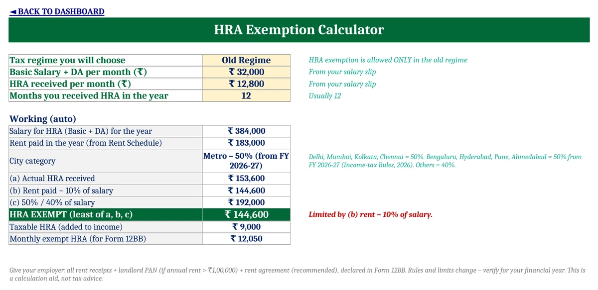 Rent Receipt Generator in Excel with HRA Calculator 1.0 – Free Template HRA exemption calculator in Excel showing least of actual HRA, rent minus 10 percent of salary and 50 percent of salary