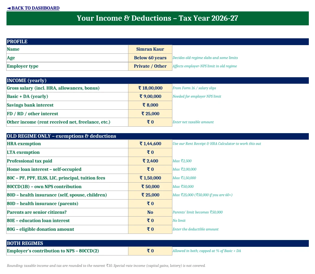Income Tax Calculator FY 2026-27 in Excel – Old vs New Regime (Free Download) Income tax calculator Excel input sheet with salary, HRA, 80C, 80D, NPS and home loan interest
