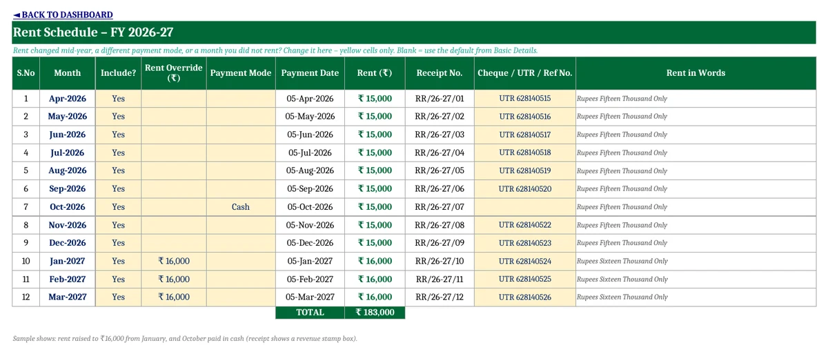 Rent Receipt Generator in Excel with HRA Calculator 1.0 – Free Template Monthly rent schedule in Excel with rent override, payment mode, receipt number and rent in words