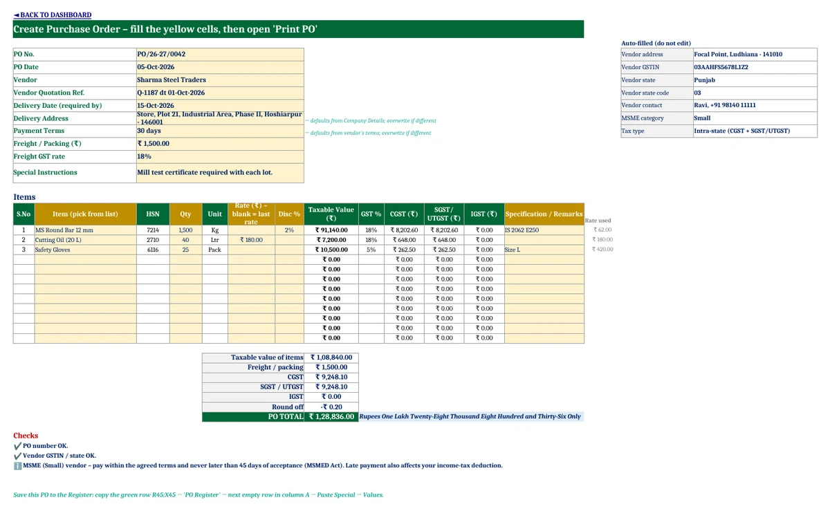 Purchase Order Format in Excel with GST 1.0 – Free PO Generator & MSME Payment Tracker Purchase order entry sheet in Excel with vendor dropdown, items, discount, freight and GST totals