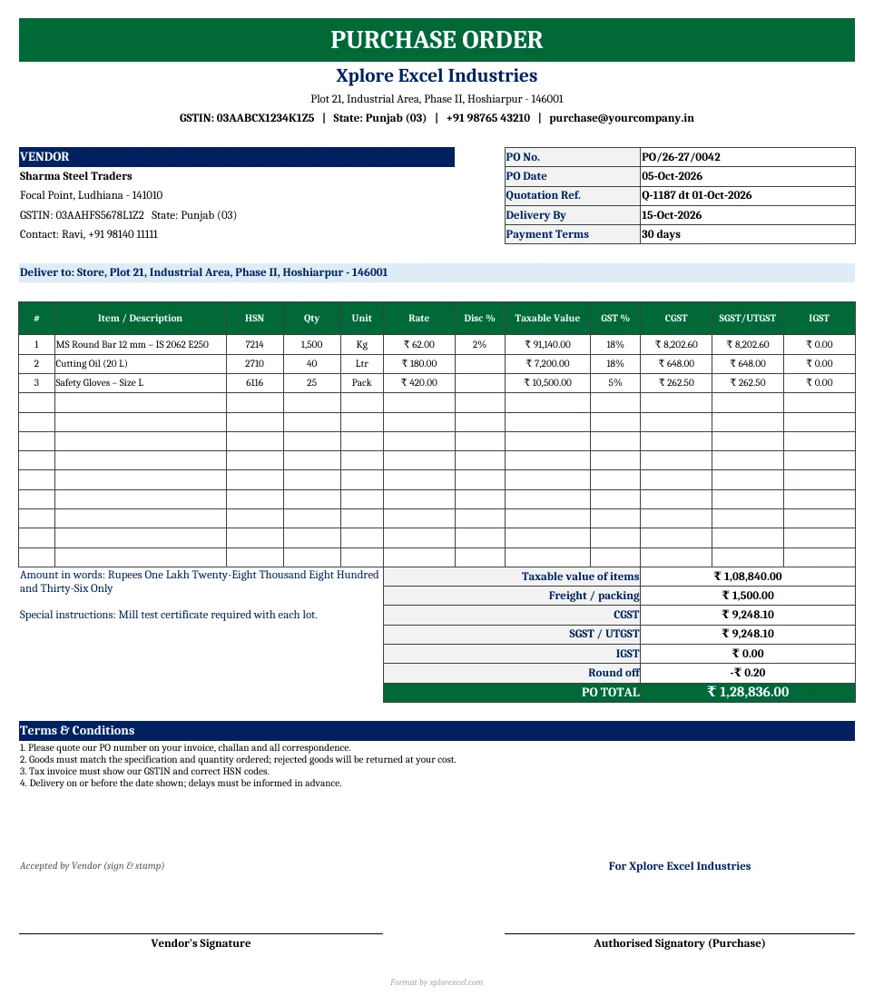 Purchase Order Format in Excel with GST 1.0 – Free PO Generator & MSME Payment Tracker Purchase order format in Excel with GST, HSN, CGST SGST, freight, total in words and terms