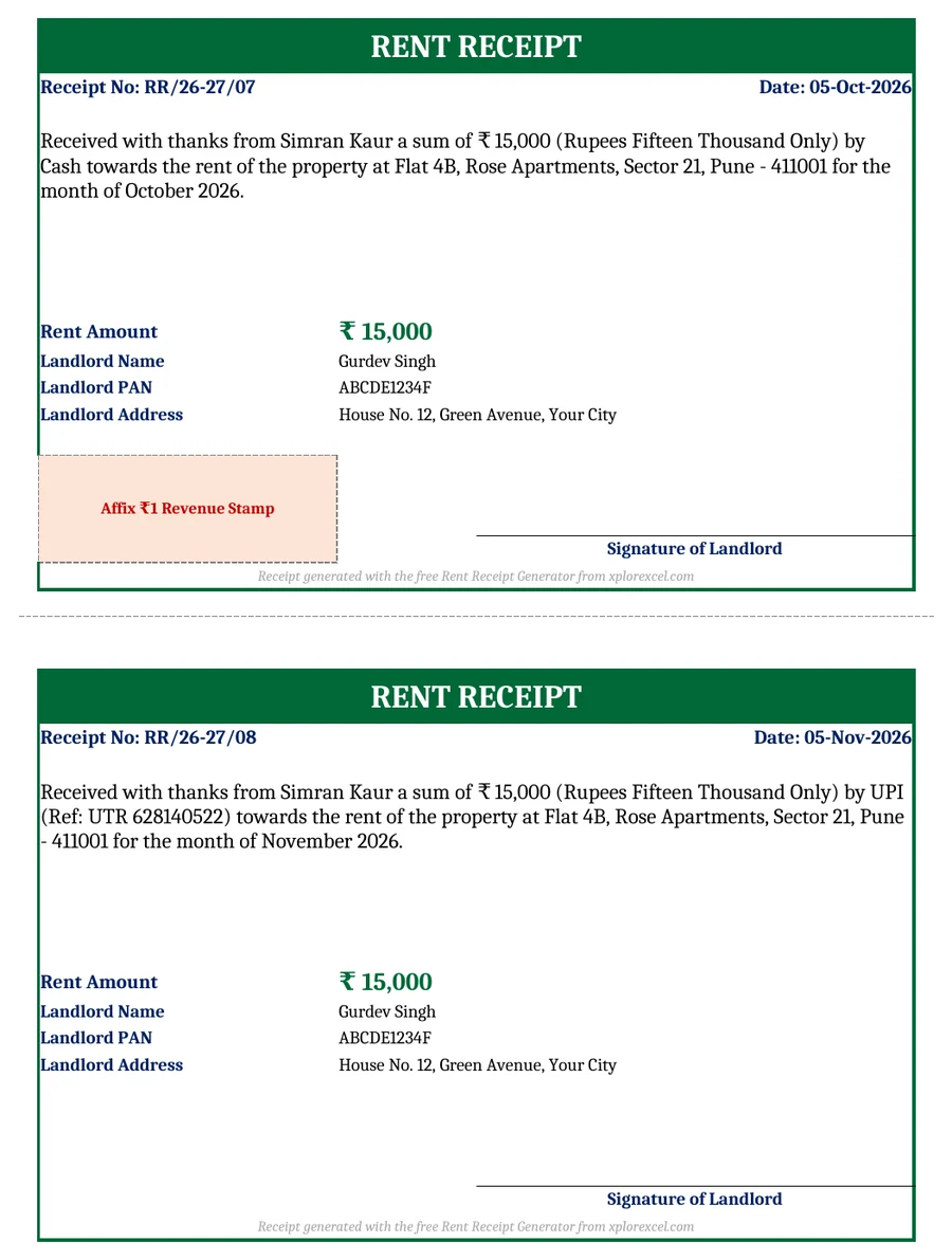 Rent Receipt Generator in Excel with HRA Calculator 1.0 – Free Template Rent receipt format in Excel for HRA with receipt number, rent in words, landlord PAN and revenue stamp box