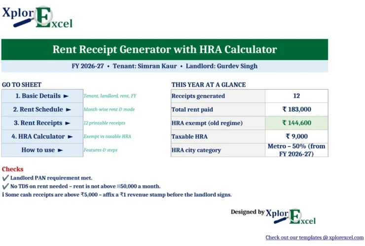 Rent receipt generator Excel template dashboard