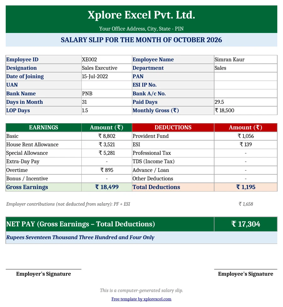 Attendance and Salary Sheet with Salary Slip 1.0 – Free Excel Template Salary slip format in Excel for India with earnings, deductions, PF, ESI and net pay in words