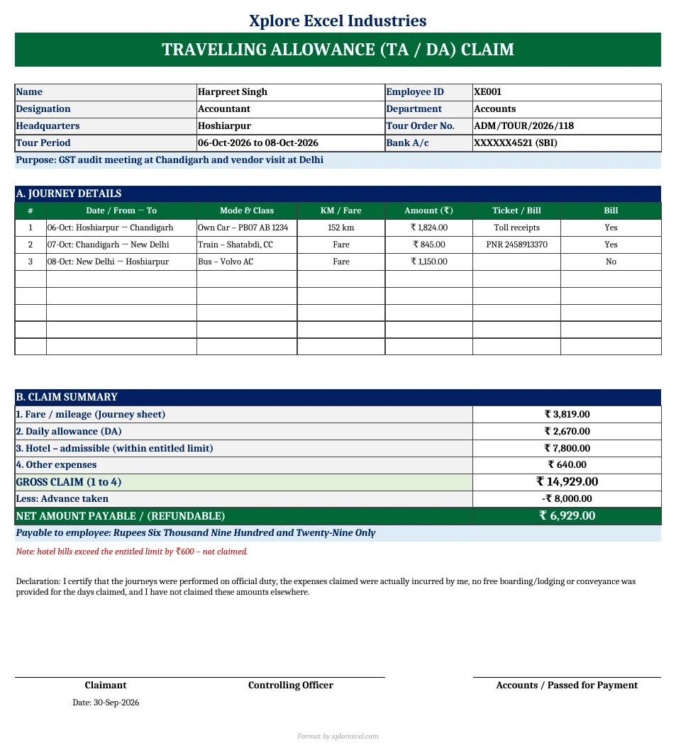 TA DA Bill Format in Excel 1.0 – Free Travel Expense Claim Form with DA Calculator TA DA bill format in Excel with journey details, claim summary, advance adjustment, net payable in words and signatures