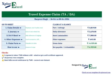 TA DA Bill Format in Excel 1.0 – Free Travel Expense Claim Form with DA Calculator TA DA claim form Excel dashboard
