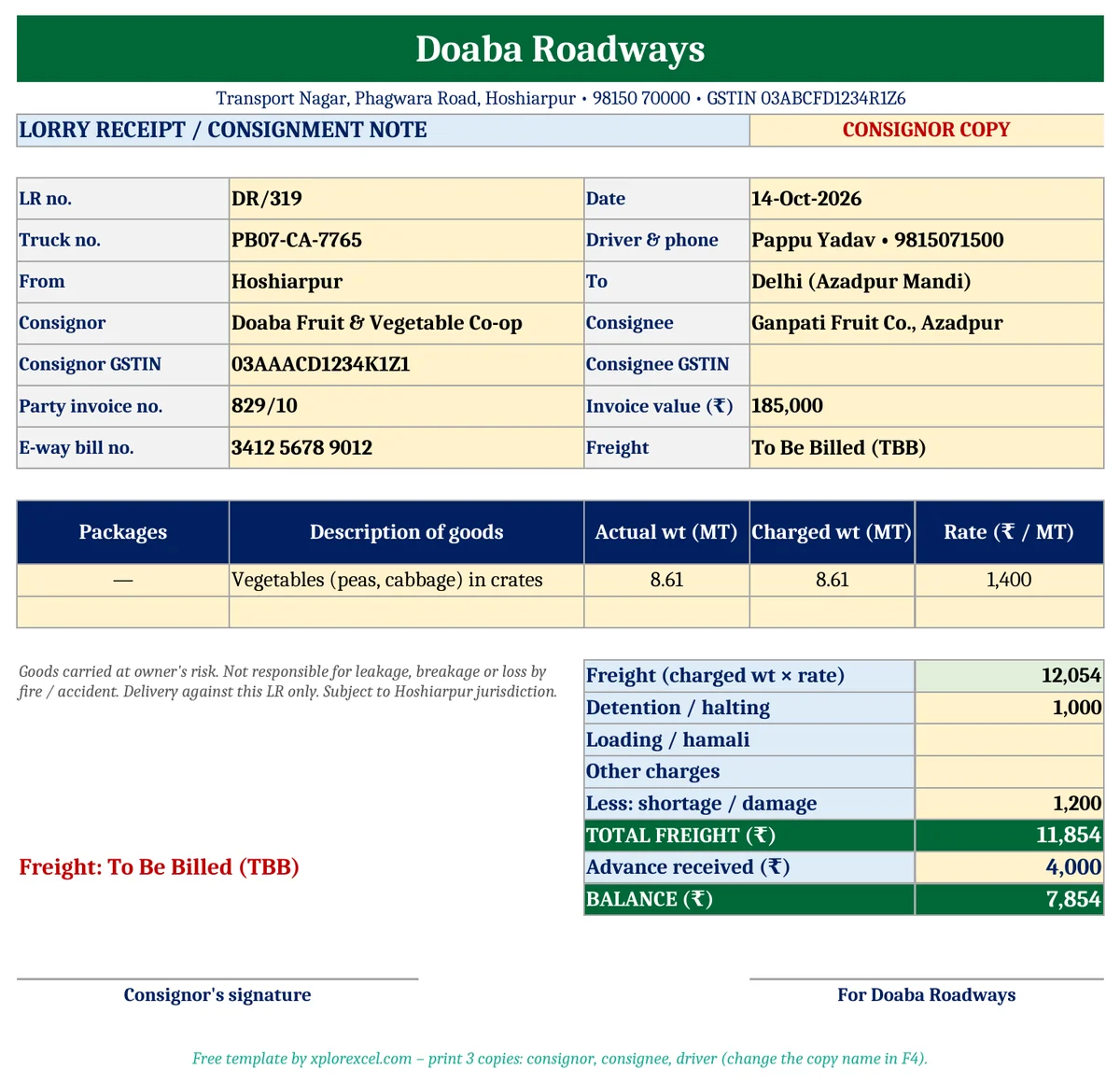 bilty lorry receipt format