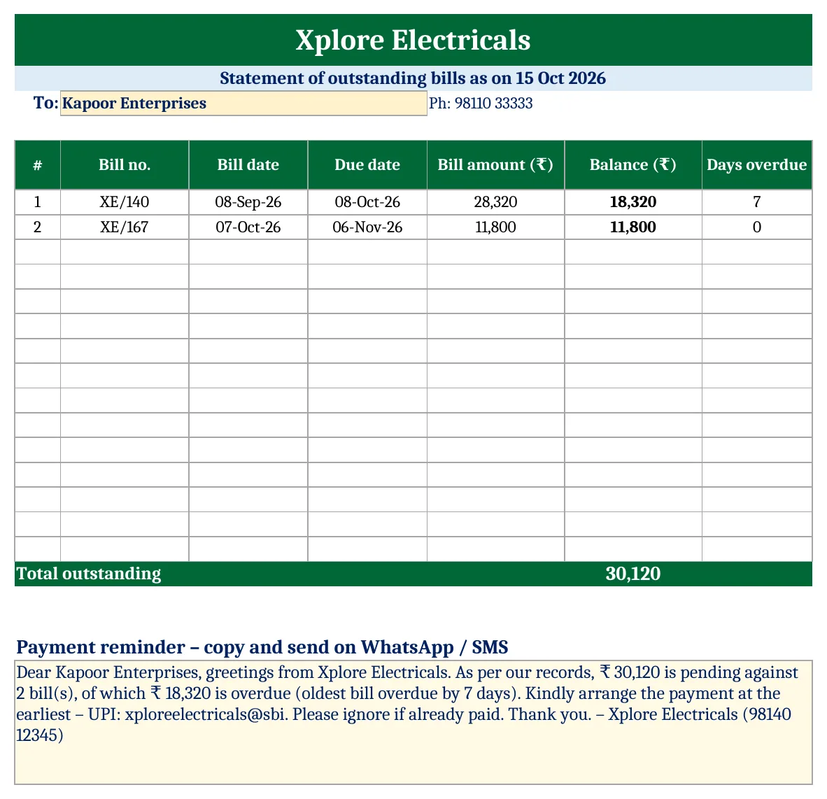 Customer Outstanding & Receivables Ageing Report in Excel (Free Template) Customer outstanding statement in Excel with WhatsApp payment reminder message