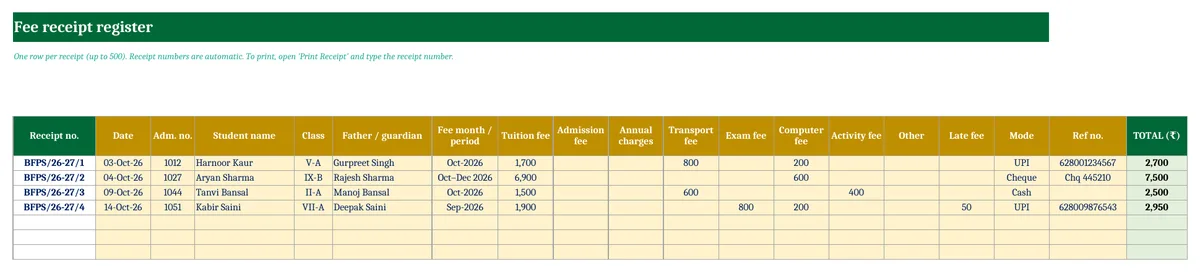 School Fee Receipt Format in Excel (Free) – Receipt Register + Printable Receipt Fee receipt register in Excel with automatic receipt numbers and fee heads