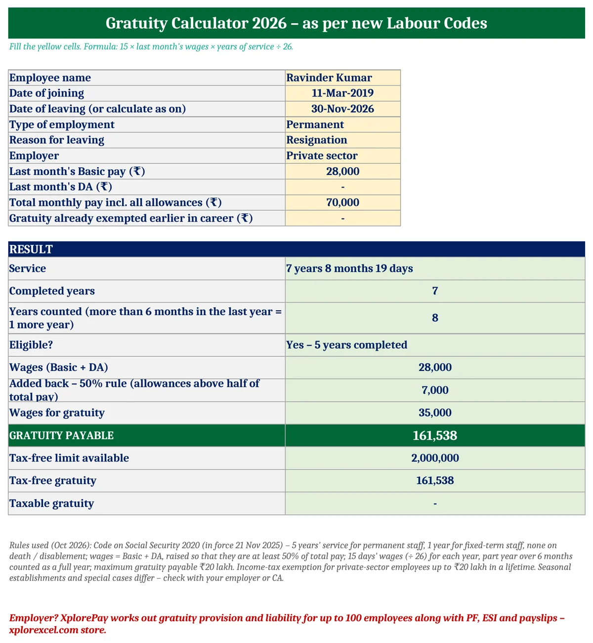 Gratuity Calculator 2026 in Excel (Free) – As Per New Labour Codes Gratuity calculator 2026 in Excel as per new Labour Codes with 50% wage rule and tax-free amount