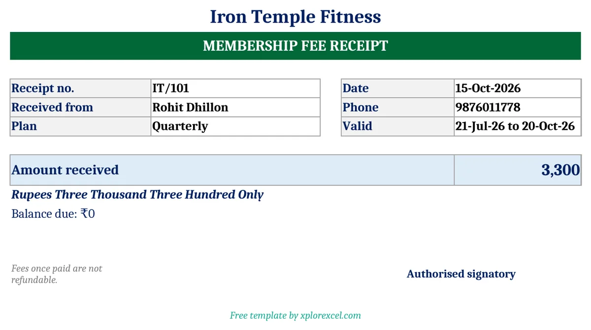 Gym Membership Register in Excel (Free) – Renewal Alerts & Fee Receipt Format Gym fee receipt format in Excel with membership validity and amount in words