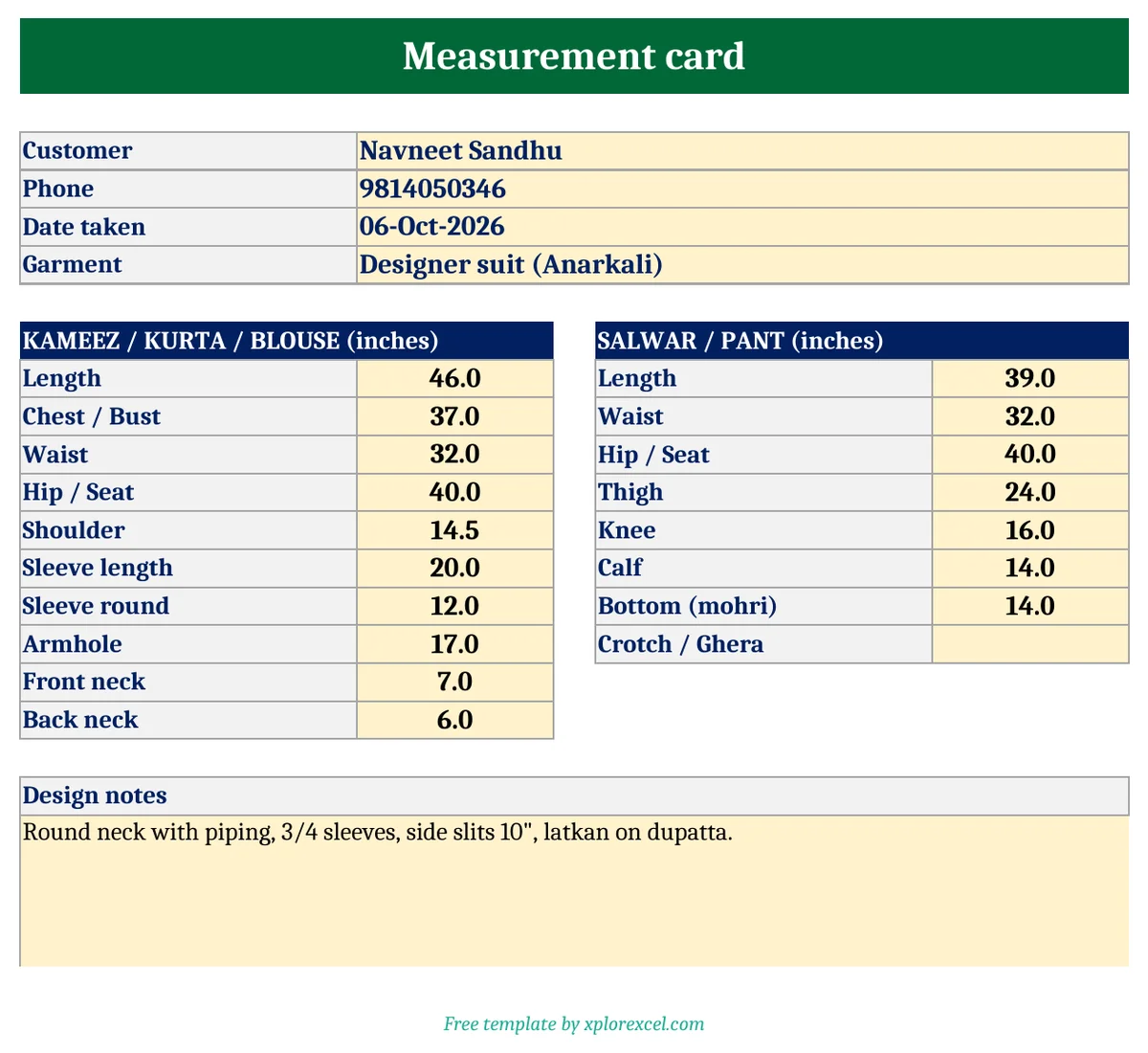 Tailor Order Book & Ladies Suit Measurement Chart in Excel (Free) – Boutique Order Register Ladies suit measurement chart format for kameez and salwar in Excel