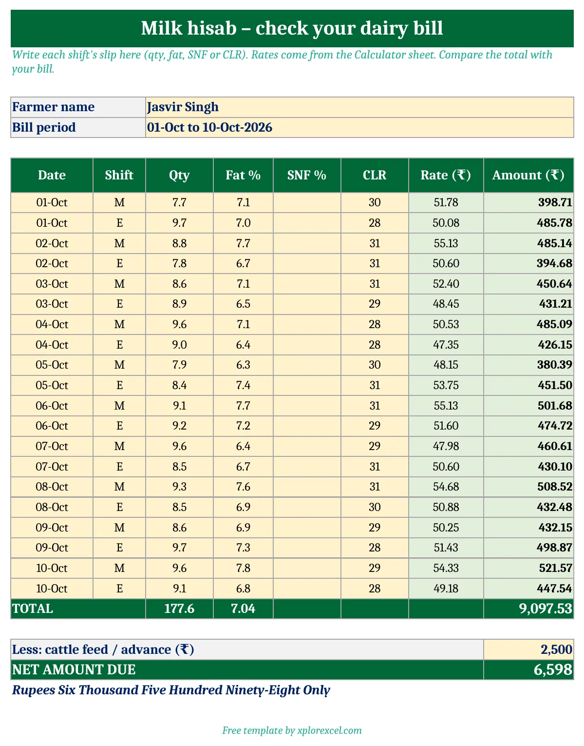 10 day milk hisab in Excel to check dairy bill