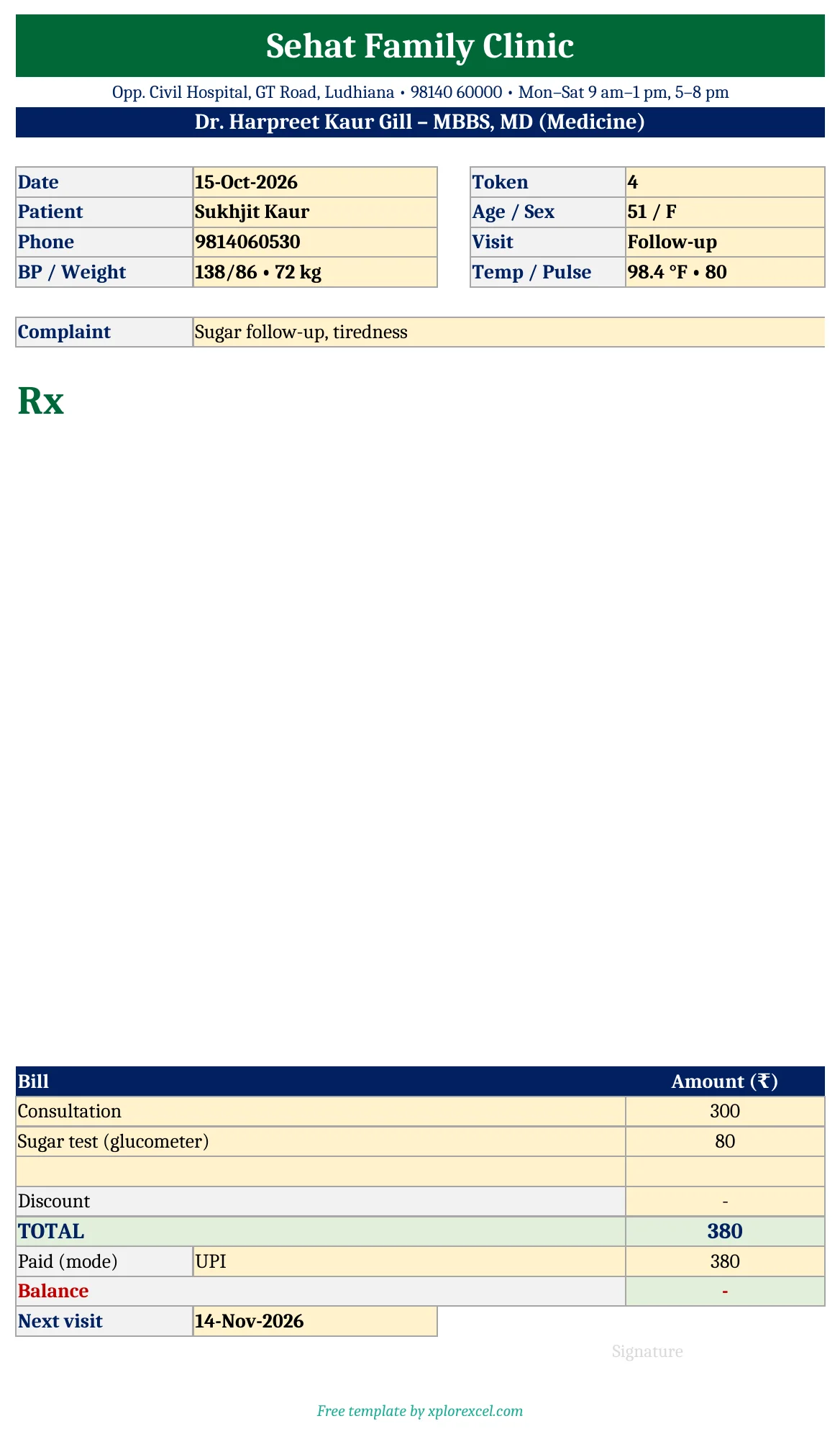 OPD Register Format in Excel (Free) – Patient Register, Token No. & OPD Slip with Bill OPD slip format in Excel with clinic header, Rx area and bill