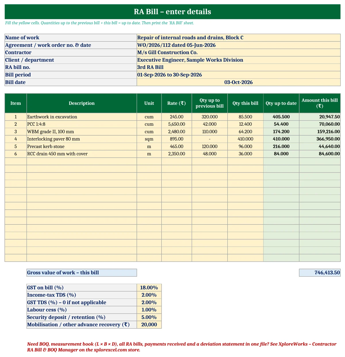 RA Bill Format in Excel (Free) – Running Account Bill with GST, TDS & Deductions Enter RA bill details in Excel: name of work, work order, BOQ items, GST and deduction rates