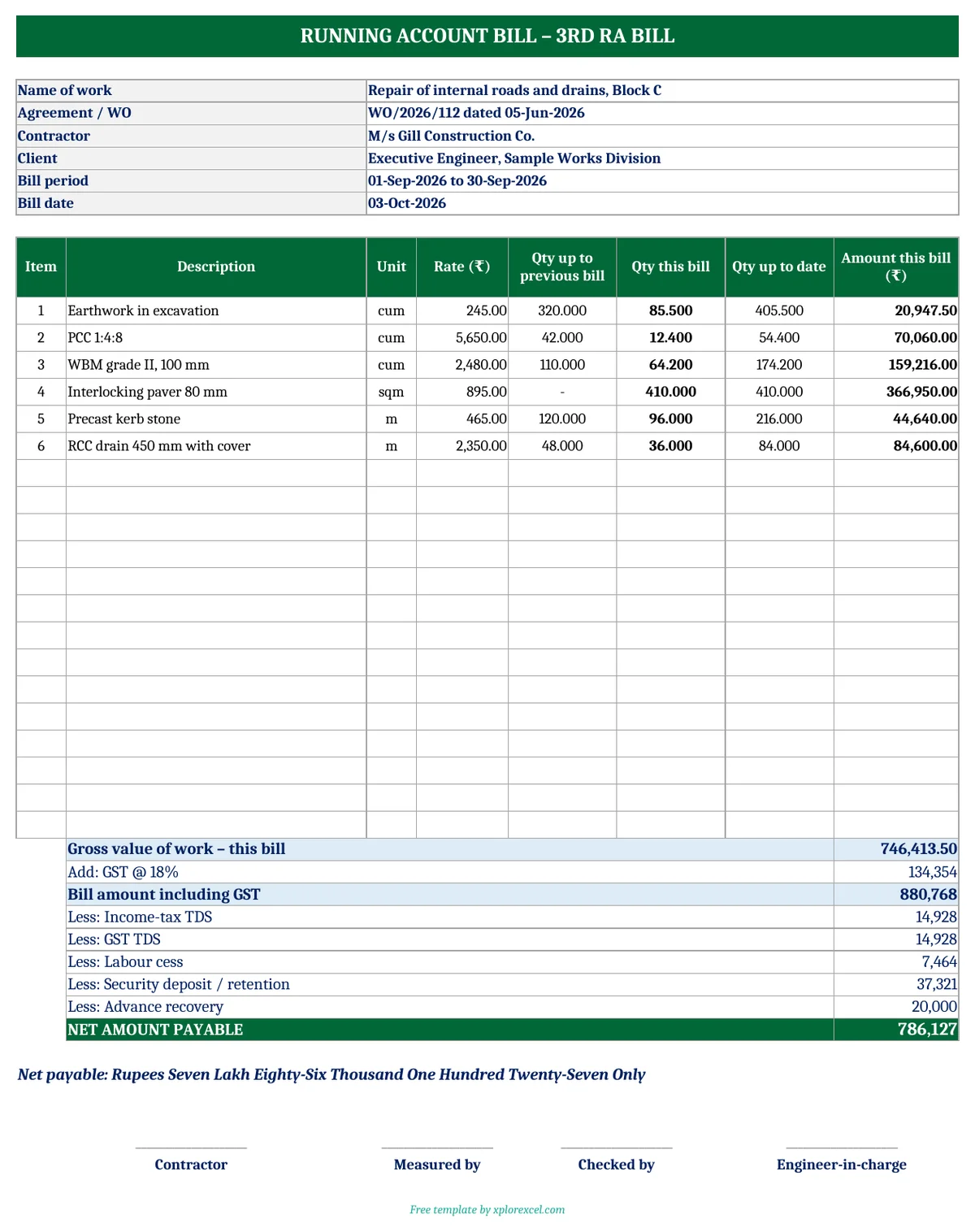 RA Bill Format in Excel (Free) – Running Account Bill with GST, TDS & Deductions RA bill format in Excel showing previous, this bill and up-to-date quantities with deductions and net payable