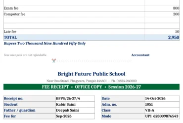 school fee receipt format excel