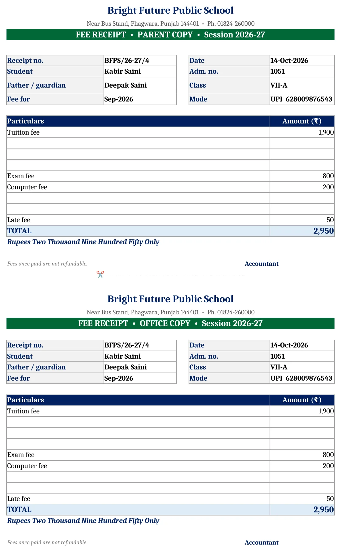 School Fee Receipt Format in Excel (Free) – Receipt Register + Printable Receipt School fee receipt format in Excel with parent copy and office copy