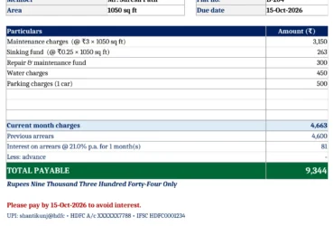 Society Maintenance Bill Format in Excel (Free) – With Interest on Arrears & Receipt society maintenance bill format excel