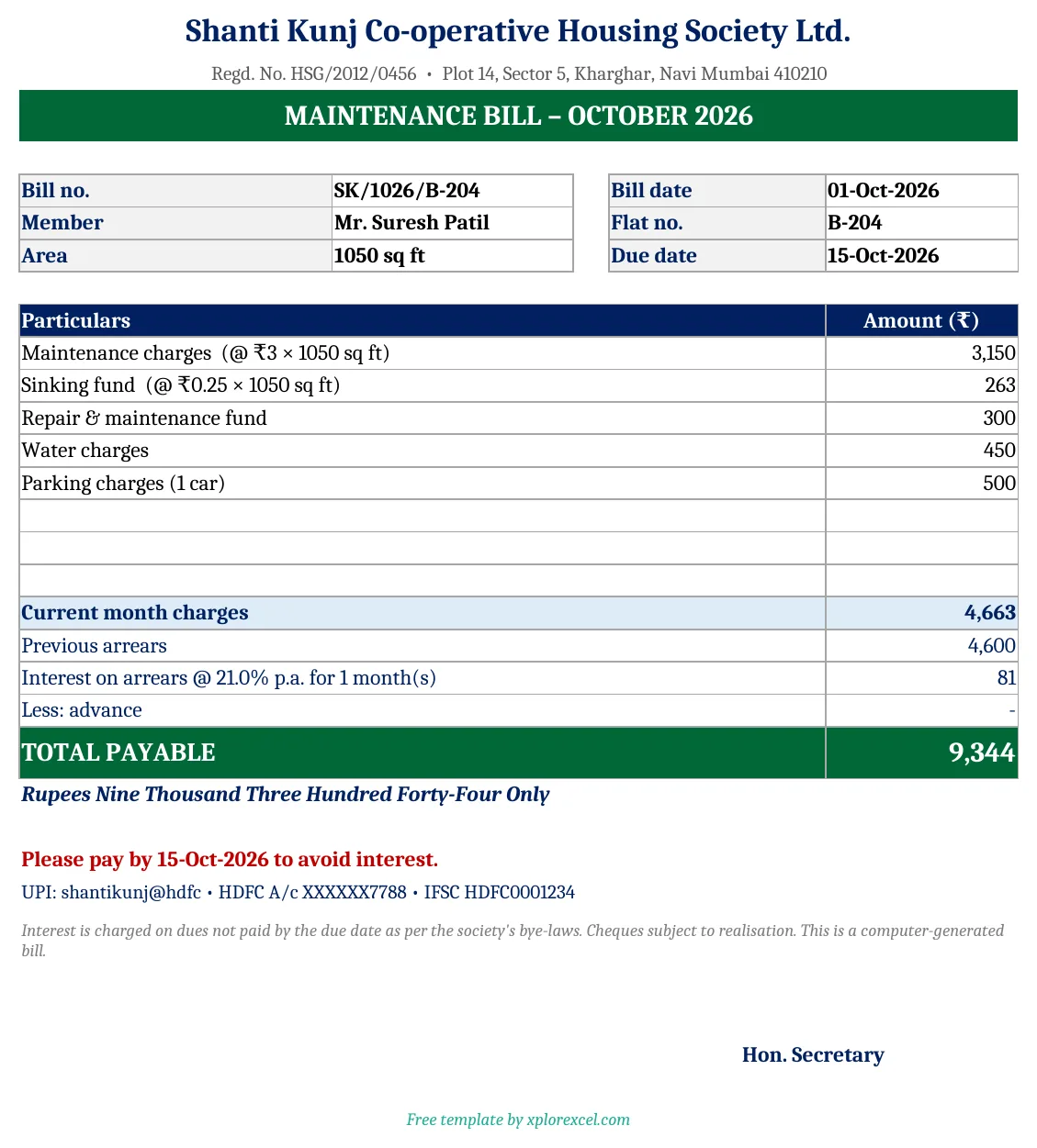 Society Maintenance Bill Format in Excel (Free) – With Interest on Arrears & Receipt Society maintenance bill format in Excel with charges per sq ft, arrears and interest