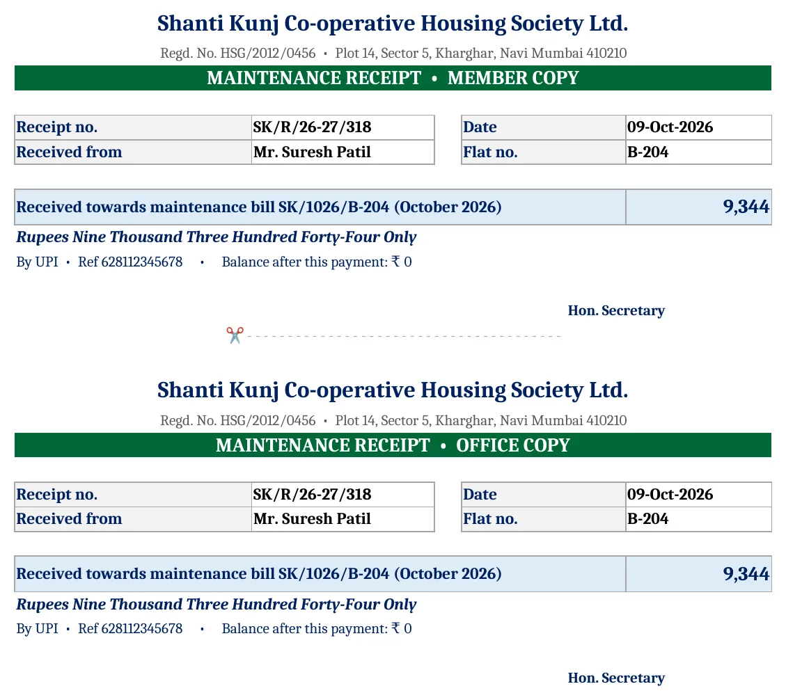 Society Maintenance Bill Format in Excel (Free) – With Interest on Arrears & Receipt Society maintenance receipt format in Excel with member copy and office copy