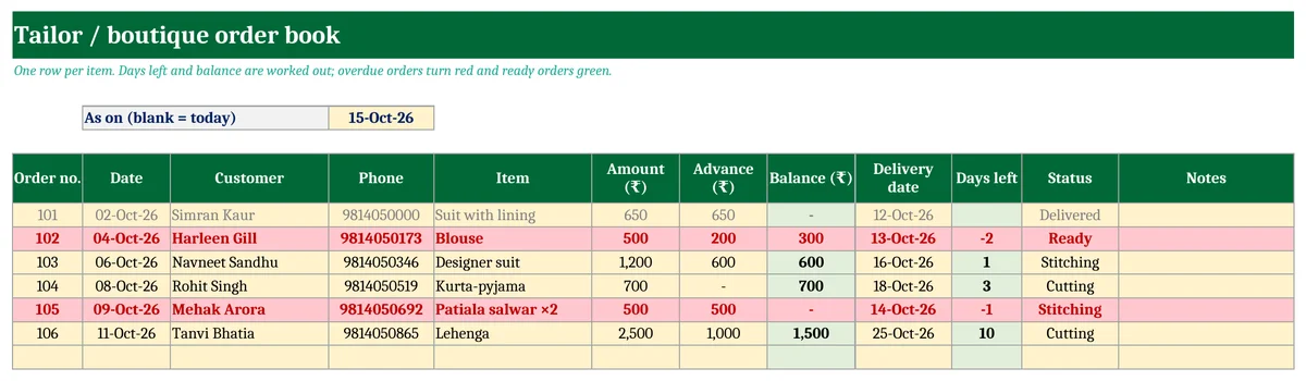 Tailor Order Book & Ladies Suit Measurement Chart in Excel (Free) – Boutique Order Register Tailor order book format in Excel with delivery date, advance and balance